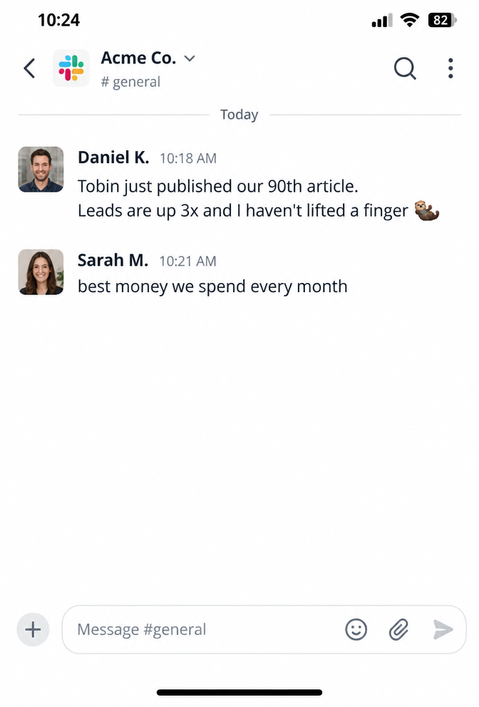 Slack message from Daniel: Tobin published our 90th article, leads up 3x