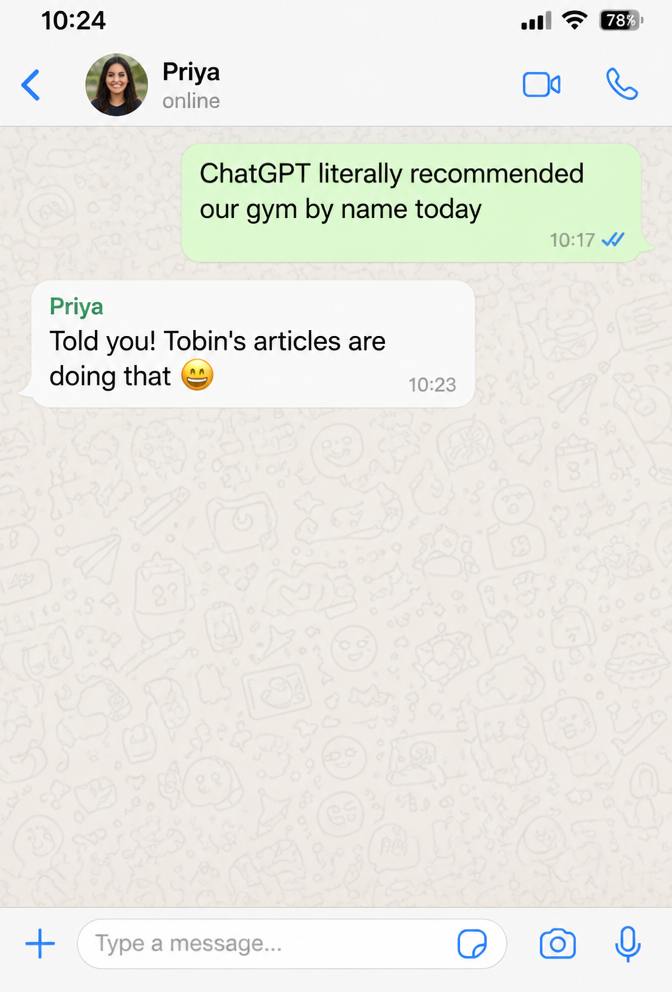 WhatsApp chat: ChatGPT recommended our gym by name today
